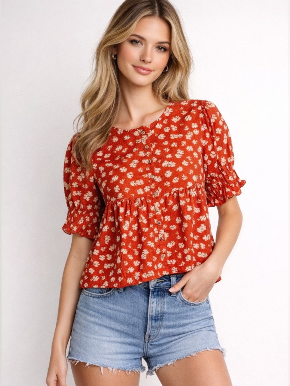 MADEWELL Red Floral Puff Sleeve Peplum Top XXL